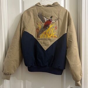 Westark USA Vintage Pheasant Embroidered Bomber Jacket Mens Medium Tan Navy Blue